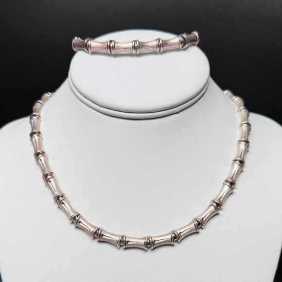 Vintage Sterling Silver Bamboo Link Choker Necklace & Bracelet Set 925 Italy 17" - Picture 6 of 16